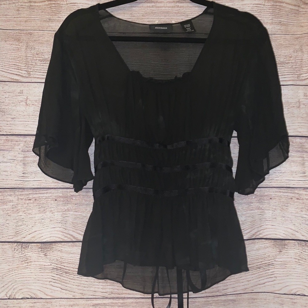 Express Sheer Blouse Sheer Tie Black 5/6 - Picture 5 of 11